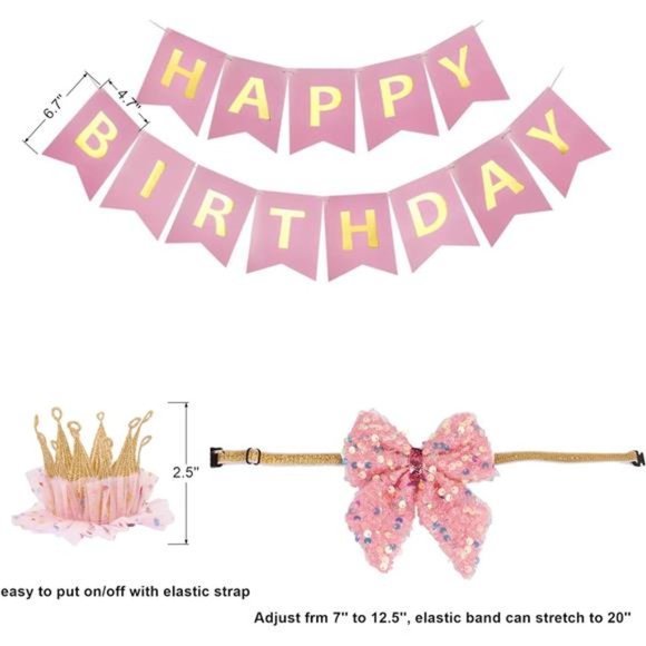 Dog Birthday Hat Bandana Girl - Puppy Party Supplies Pink Tutu Scarf Bow Banner - Picture 5 of 7